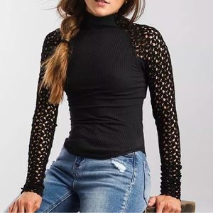 Free People black mock neck top with crochet sleeves - size S